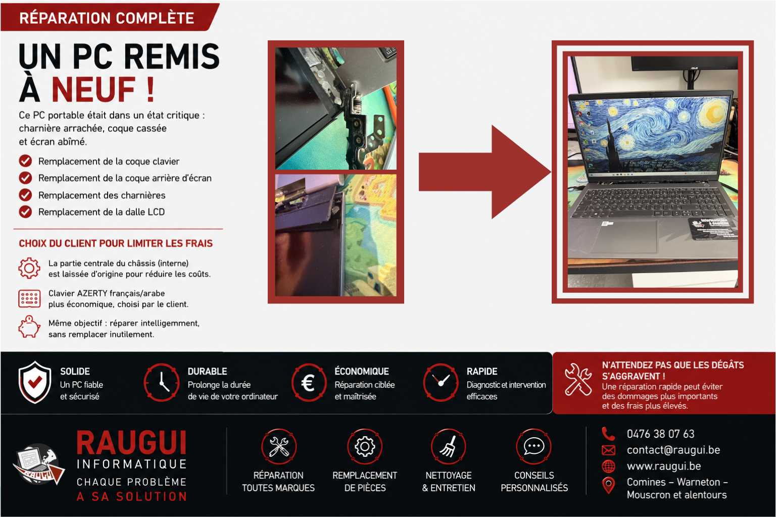 Réparation complète d’un PC portable : charnière, coque et écran
